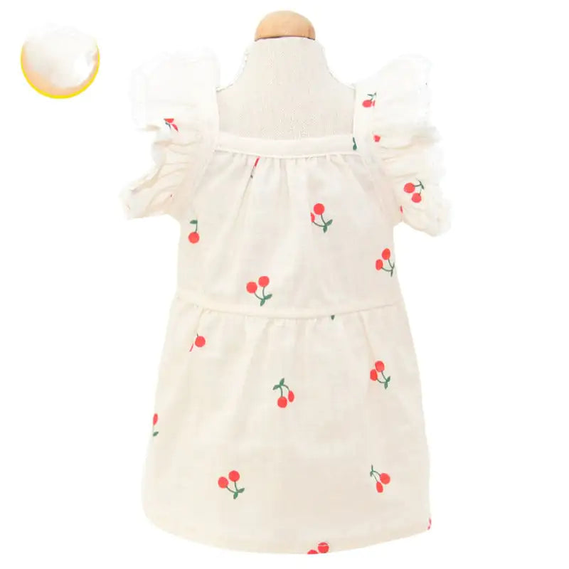 Small dog in cherry dress – Stylish Korean style pet clothing